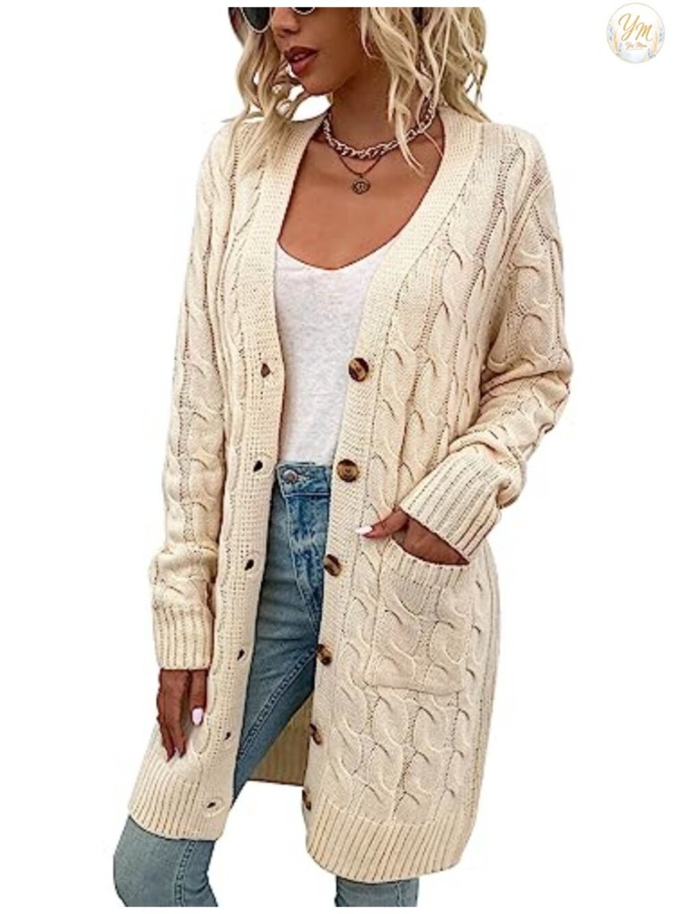Womens Cable Knit Cardigan Long Sleeve Open Front Loose Sweater with Pockets